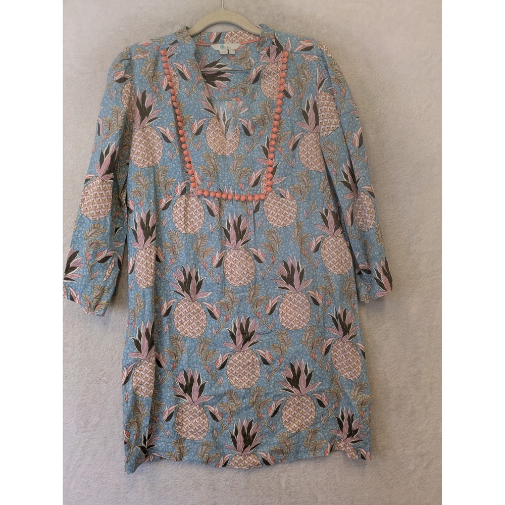 Boden Linen Pineapple Tunic Dress Women's 4R Blue Pink Pom Pom Trim